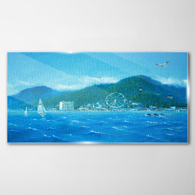 Seaside landscape with an amusement park Glass Wall Art