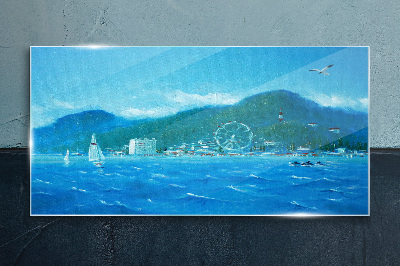 Seaside landscape with an amusement park Glass Wall Art