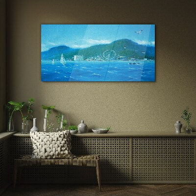Seaside landscape with an amusement park Glass Wall Art