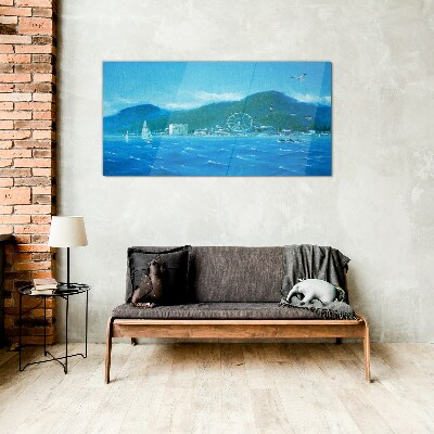 Seaside landscape with an amusement park Glass Wall Art