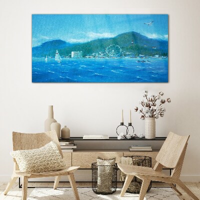 Seaside landscape with an amusement park Glass Wall Art
