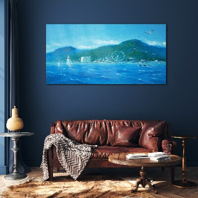 Seaside landscape with an amusement park Glass Wall Art