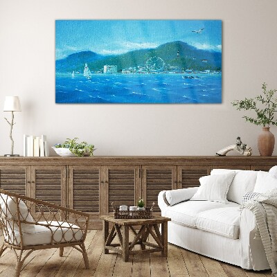 Seaside landscape with an amusement park Glass Wall Art