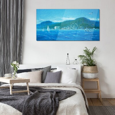Seaside landscape with an amusement park Glass Wall Art