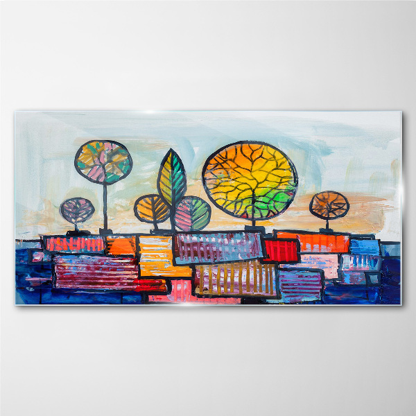 Colorful trees in an abstract landscape Glass Wall Art