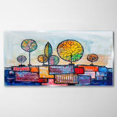 Colorful trees in an abstract landscape Glass Wall Art