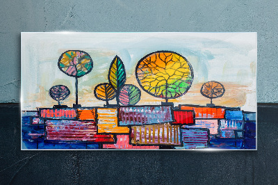 Colorful trees in an abstract landscape Glass Wall Art