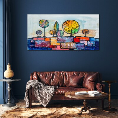Colorful trees in an abstract landscape Glass Wall Art