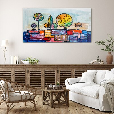 Colorful trees in an abstract landscape Glass Wall Art