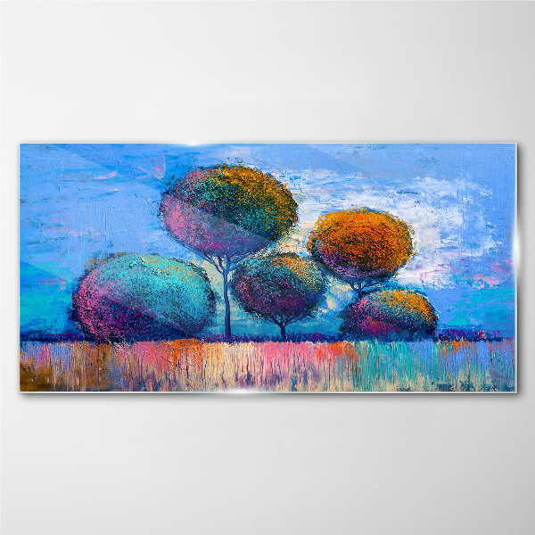 Colorful trees on a blue background Glass Print