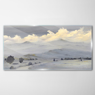 Misty mountain panorama Glass Print