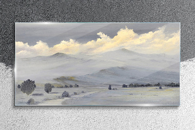 Misty mountain panorama Glass Print