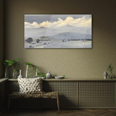 Painting winter mountains clouds Glass Print