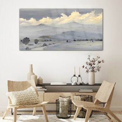 Misty mountain panorama Glass Print