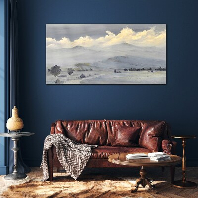 Misty mountain panorama Glass Print