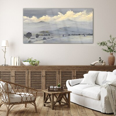 Misty mountain panorama Glass Print