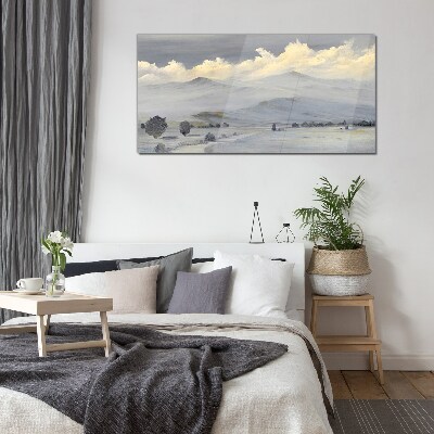 Misty mountain panorama Glass Print