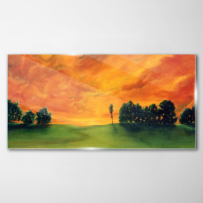 Sunset over the green hill Glass Print