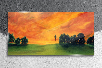 Sunset over the green hill Glass Print