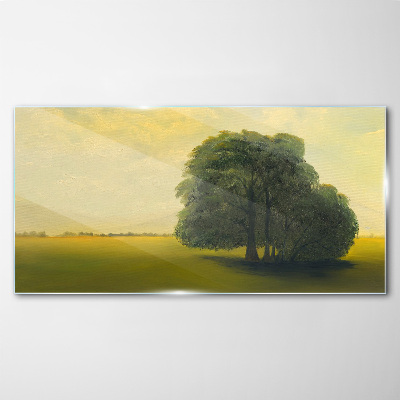 Painting tree sky field Glass Print