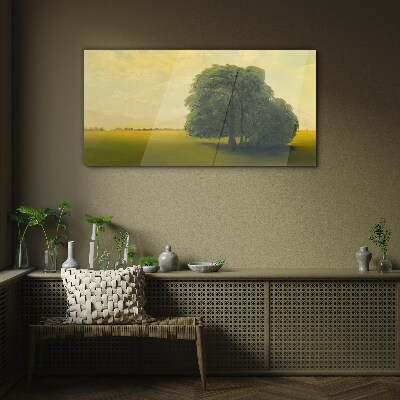 A peaceful landscape with a tree Glass Print