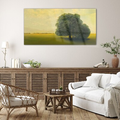 A peaceful landscape with a tree Glass Print