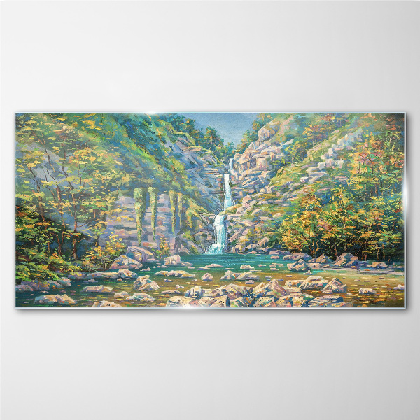 Waterfall in mountain scenery Glass Print