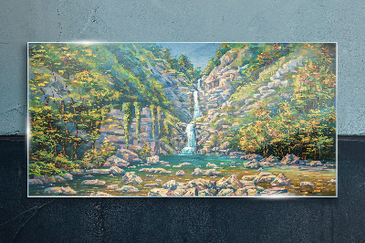 Painting tree waterfall Glass Print