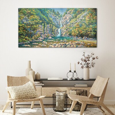 Waterfall in mountain scenery Glass Print
