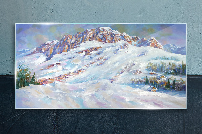 Painting winter mountain snow Glass Print