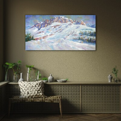 Painting winter mountain snow Glass Print