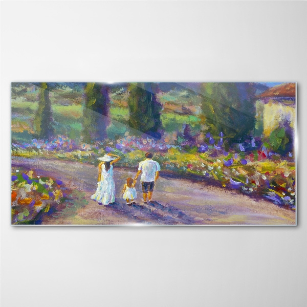 Family walk in a colorful garden Glass Print