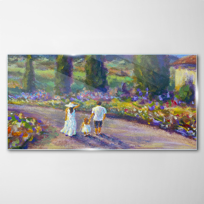 Family walk in a colorful garden Glass Print