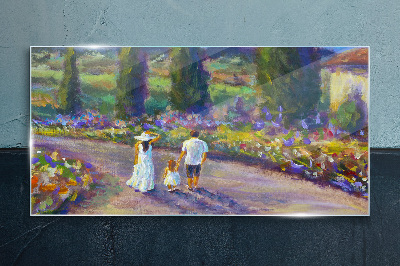 Family walk in a colorful garden Glass Print