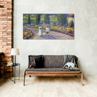 Family walk in a colorful garden Glass Print
