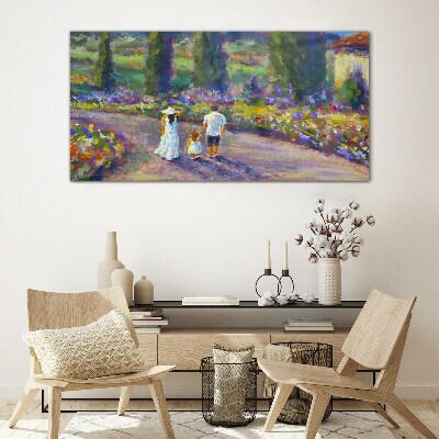 Family walk in a colorful garden Glass Print