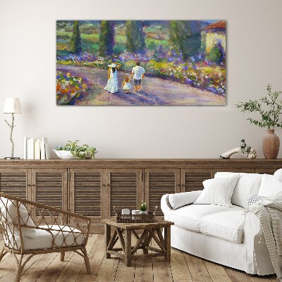 Family walk in a colorful garden Glass Print