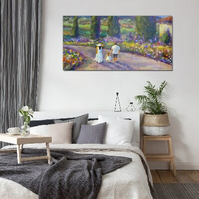 Family walk in a colorful garden Glass Print