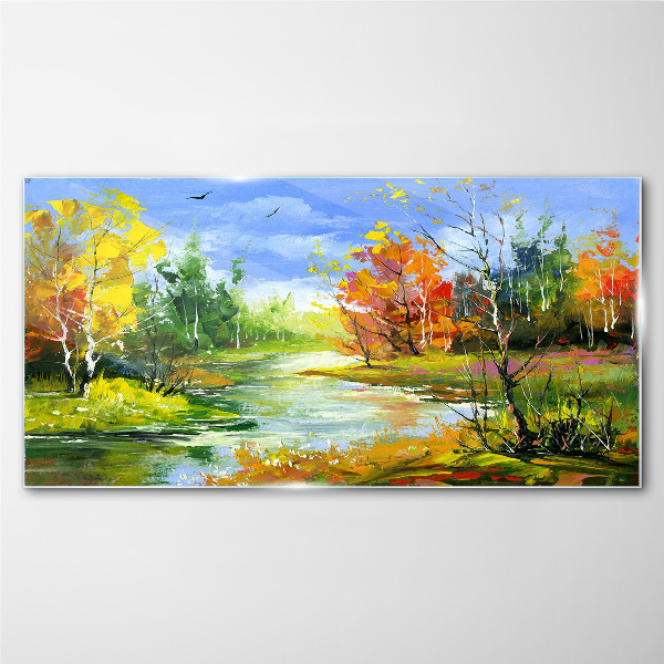 Autumn scenery by the river Glass Print