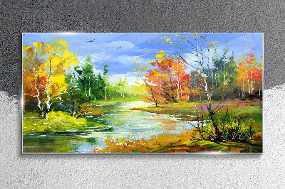Autumn scenery by the river Glass Print