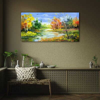 Autumn scenery by the river Glass Print