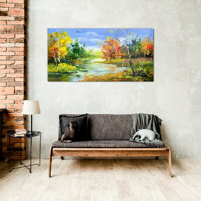 Autumn scenery by the river Glass Print