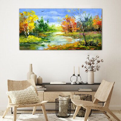 Autumn scenery by the river Glass Print