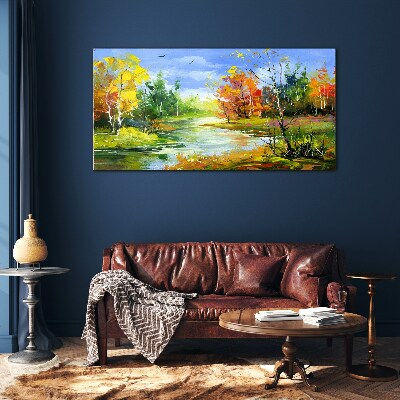 Autumn scenery by the river Glass Print
