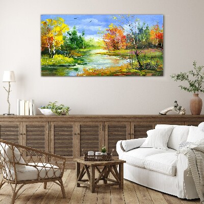 Autumn scenery by the river Glass Print
