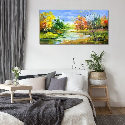 Autumn scenery by the river Glass Print