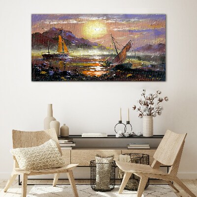 Sunset over the sea Glass Print