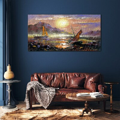 Sunset over the sea Glass Print