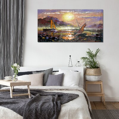 Sunset over the sea Glass Print