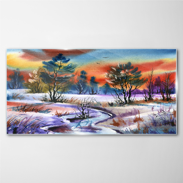 Winter landscape in rainbow colors Glass Print